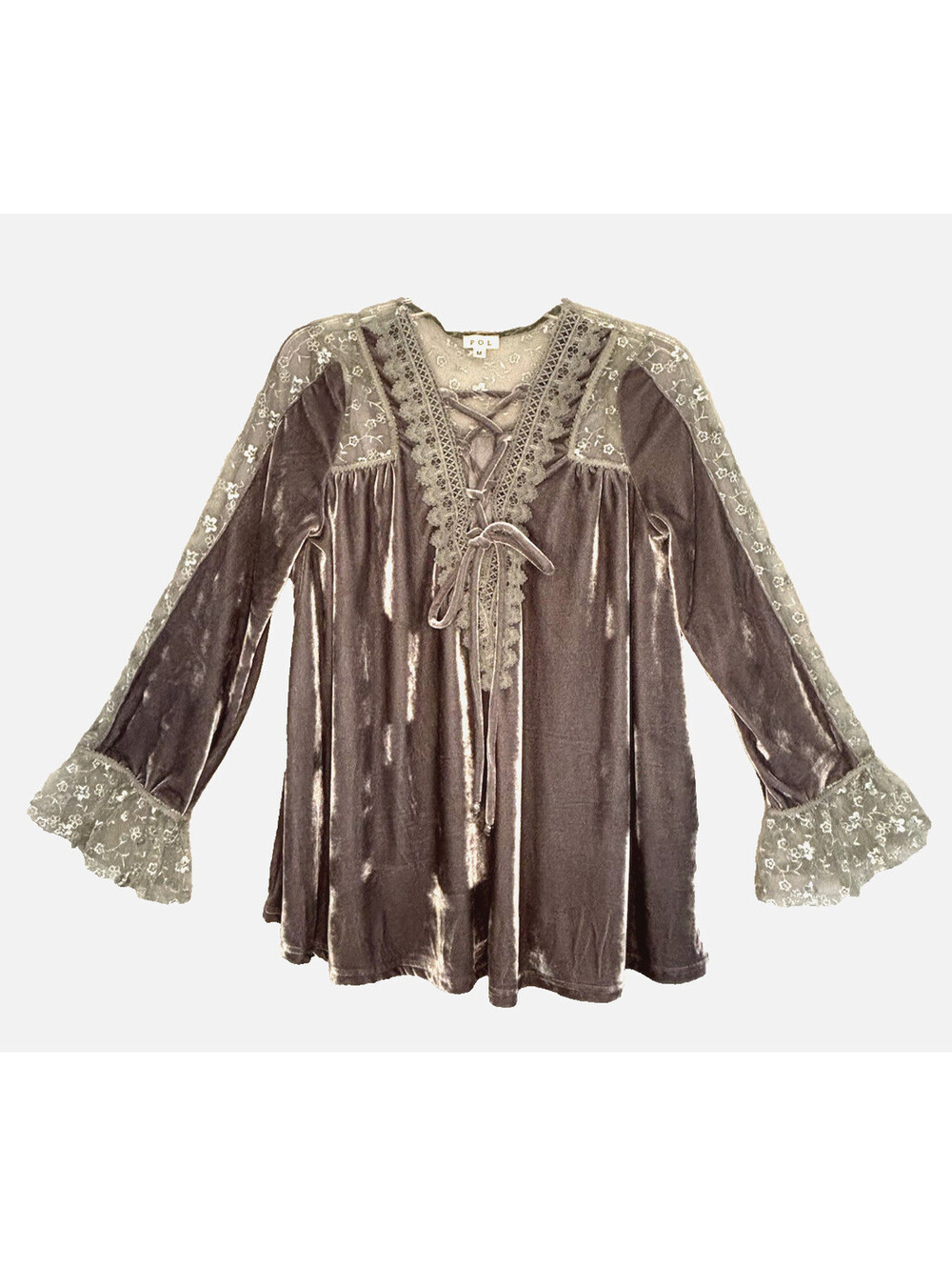 POL Women's Gray/Silver Velvet Lace Tunic Top Shirt Bell Sleeve Lace-up Sz M EUC